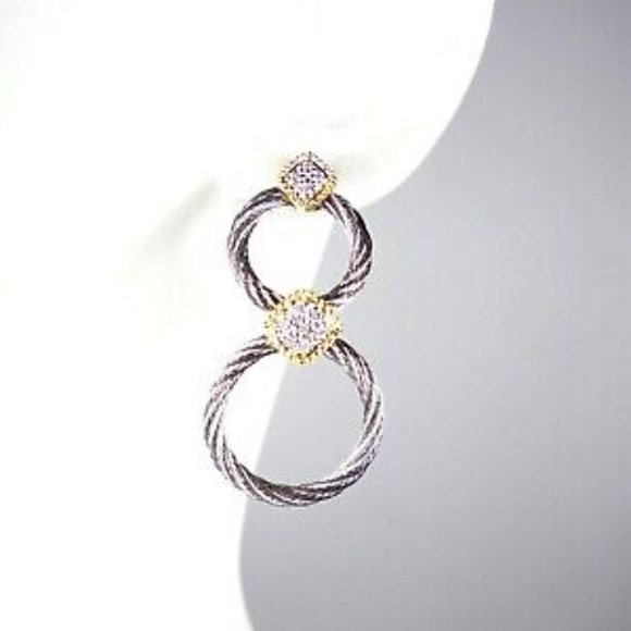 ALOR 18K Gold Stainless Steel Classique Diamond Pave Double Hoop Drop Earrings - Picture 5 of 10